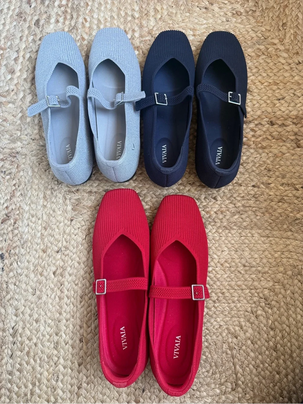 VIVAIA Navy Red and Silver Margot Mary Janes Flats Square Toe Ribbed Shoes